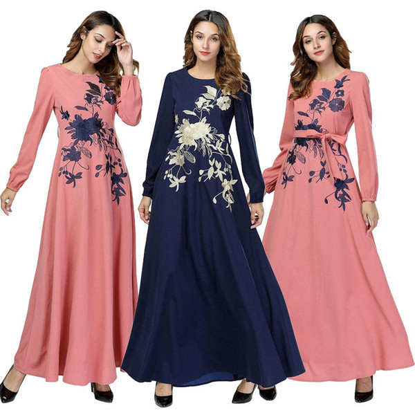 Womens Muslim Dress Swing Floral Embroidery Loose Abaya Long Maxi Gown Casual Fashion Kaftan Dubai Islamic Dress A-line Belt New