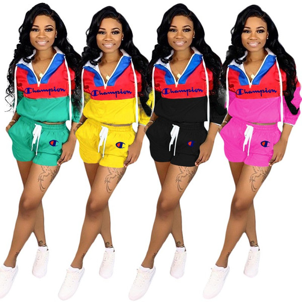 Champion womens long sleeve tracksuit jacket short pants sportswear hoodie legging 2 piece set sweat suit outerwear tights outfits 0654