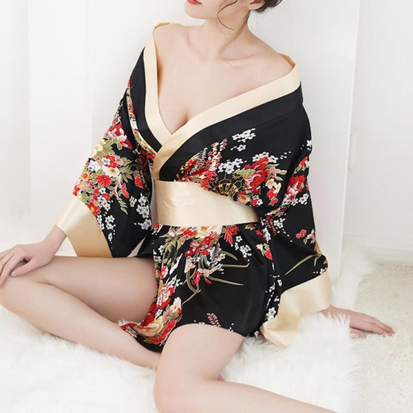 Traditional Brand Women Japanese Kimono Sleepwear Sexy Deep V-neck Kimono Satin Floral Printed Nightwear Short Bath Robe