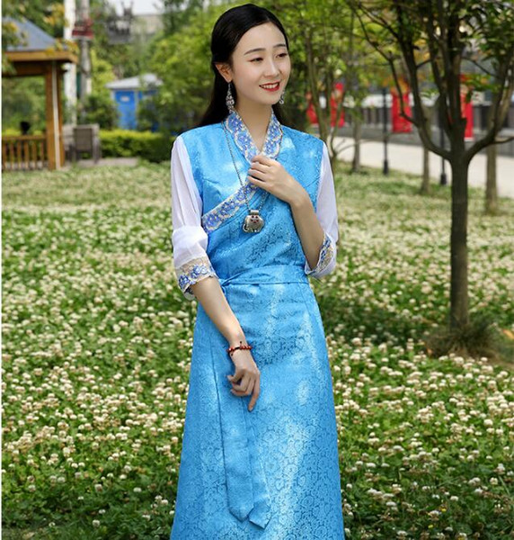 Traditional Tibetan Woman costume Carved Silk fabrics chiffon sleeves Tibet Gown Claret Sky Blue original Tibetan Plateau Robe