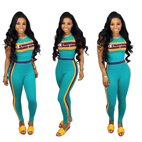 Champion women 2 piece set tracksuit shirt pants outfits short sleeve shirt pants sweatsuit pullover tights sportswear sports suit klw0955