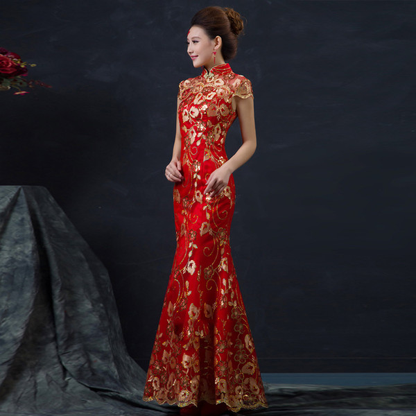 Bride Evening Dresses Qipao Sexy Red Cheongsam Chinese Traditional Dress Retro Mermaids Vestido Robe Chinoise Oriental Qipao