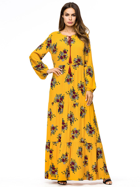 women muslim dress print swing dress Ruffles draped design Maxi long Plus size elegant patchwork Autumn dress Floral Yellow