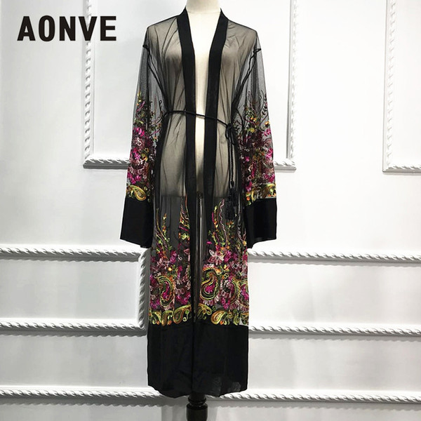 Aonve Summer Maxi Abaya Islamic Robe For Women Dubai Mesh See Through Black Moroccan Open Kaftan Sexy Plus Size Turkish Abayas