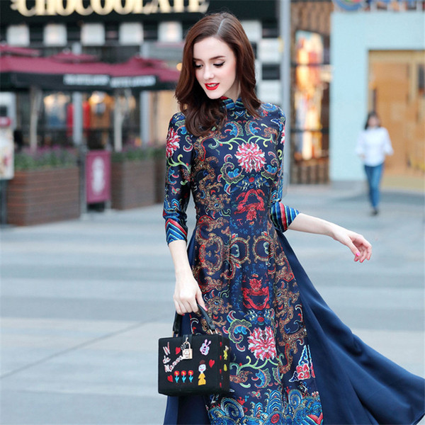 Summer Dress Long Cheongsam Vietnam Traditional Robes Aodai Graceful Stand Collar Dress Slim Qipao Vestidos Women 