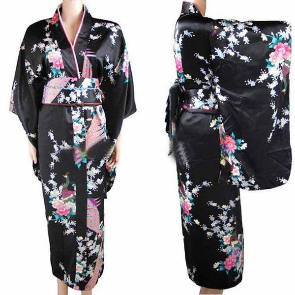 New Arrival Black Vintage Japanese Women's Kimono Haori Yukata Silk Satin Dress Mujeres Quimono Peafowl One Size H0030