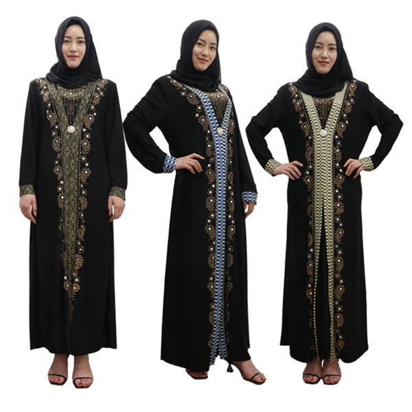 Gold Stamping Printing Abaya Muslim Dress Women Dubai Abaya Black Robe Diamond Cardigan Kaftan Elegant Design Maxi Dresses