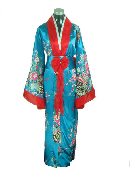 Promotion Blue Female Silk Kimono Japanese Classic Yukata With Obi Novelty Bowknot Performance Clothing One size JK043