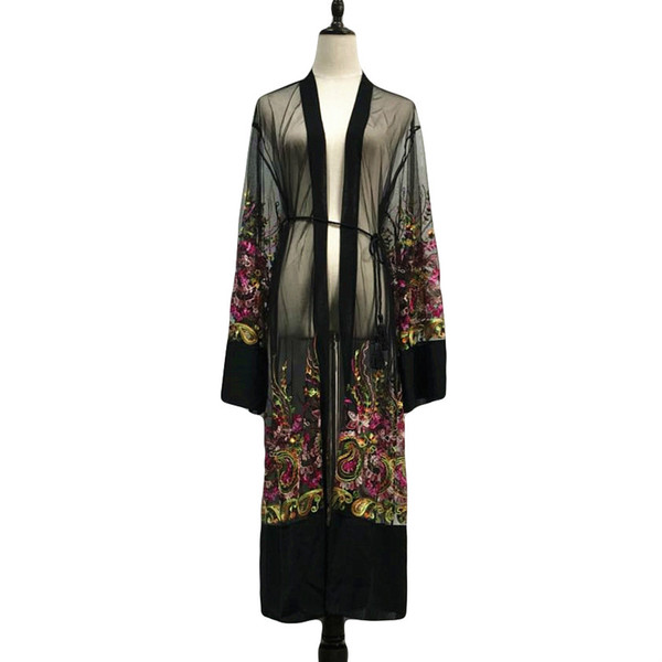 2018 Sexy Abaya Dubai Muslim Dress Women Floral Embroidery Kimono Ramadan Mesh Cardigan Kaftan Moroccan Islamic Clothing Caftan