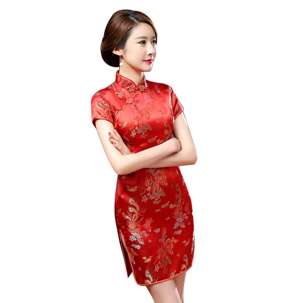 Ethnic Fashion Women Chinese Dragon Phoenix Stand Collar Slim Cheongsam Dress