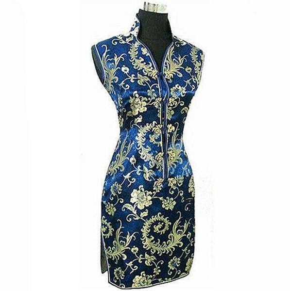 Navy Blue Chinese Traditional Women Summer Dress Silk Satin Cheongsam Sexy V-Neck Qipao Floral Size S M L XL XXL XXXL WC013