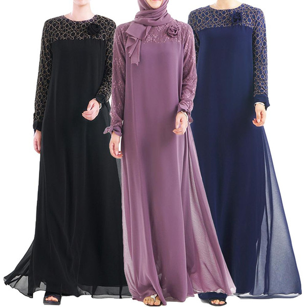 Abaya Muslim Women Chiffon Long Dress Turkey Lace Patchwork Dubai Robe Ethnic Style Islamic Gown Bow Fashion Middle East Kimono