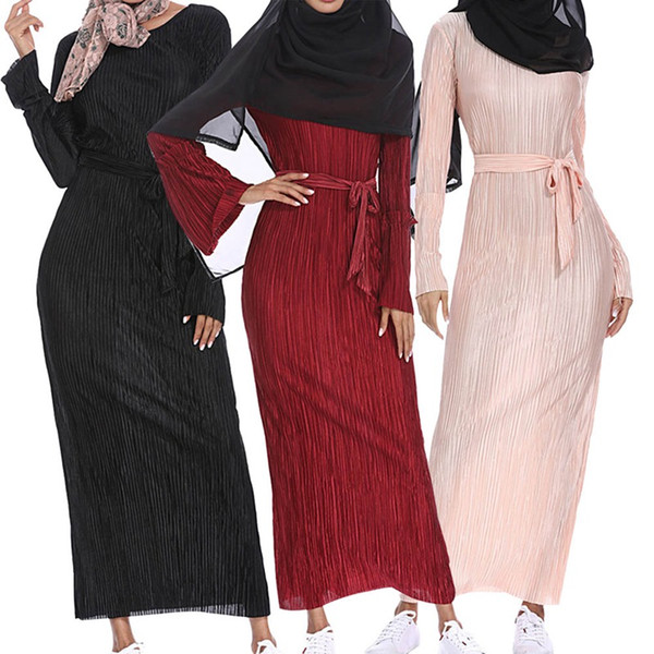 Muslim Wrinkled Pencil Skirt Maxi Dress Trumpet Sleeve Abaya Long Robes Tunic Middle East Ramadan Arab Islamic Clothing