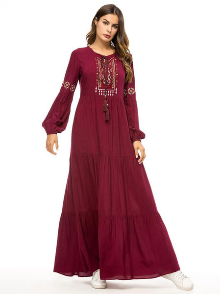 2018 Fall Middle East Muslim Women vintage O-Neck Long Sleeve Loose Party Embroidery Long Dress Ramadan Eid Robe Gown a1053