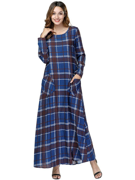 Elegant Print Plaid Maxi Dress Long Sleeve Abaya Kimono Urban Long Robe Gowns Loose Muslim Jubah Ramadan Islamic Clothing