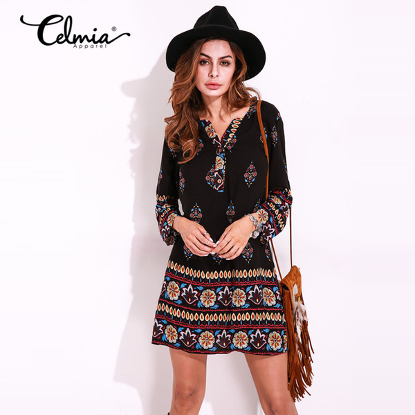 Retro Ethnic Style Mini Dress Summer 2017 Casual Loose Long Sleeve V Neck Flowers Print Beach Dresses Plus Size Women Clothing