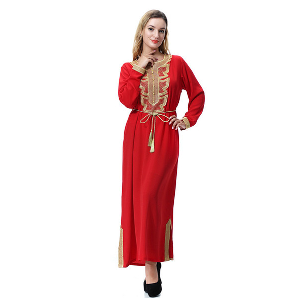 KLV Women's Dress 2019 TOP Muslim Arab Middle Eastern Ladies' Lace-up Lace-up Bib Long Robe Dress 4.16