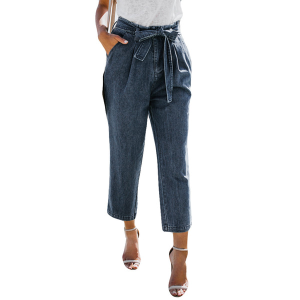 2019 Women Hight Waisted Loose Bow Bandage Hole Denim Jeans Stretch Pants Jean 3.18