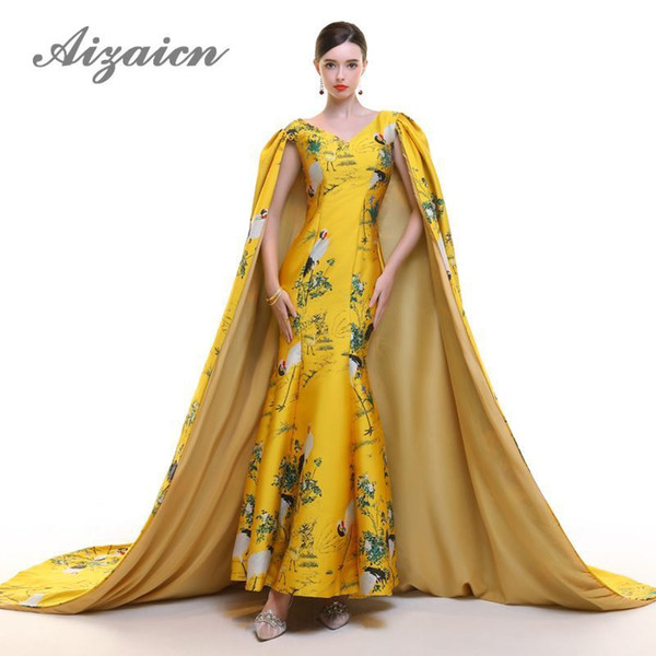 Crane Yellow Chinese Evening Dress With Shawl Mermaid Embroidery Cheongsam Traditional Wedding Gold Brocade Gown Qipao