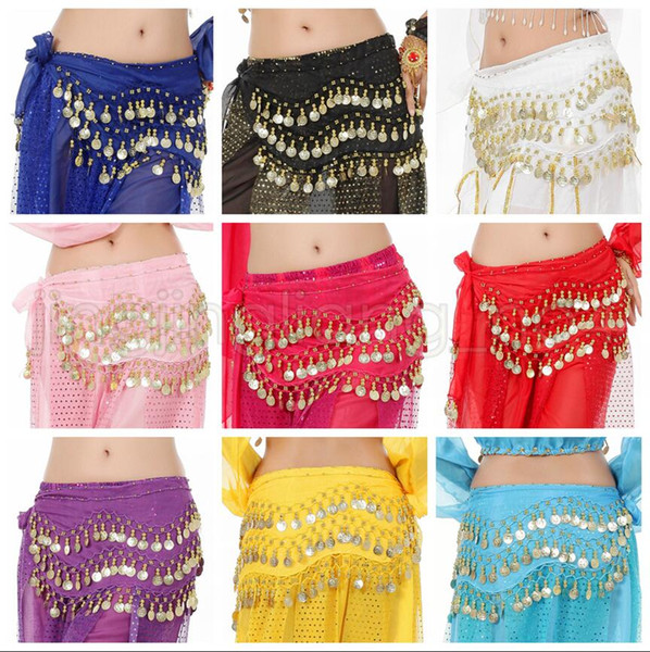 145*24cm Fashion Girls Belly Dance Waist Chain 128coin Belly Dance Wrap Costume Child Hip Scarf Ethnic Clothes Kids Stage Wear AAA599