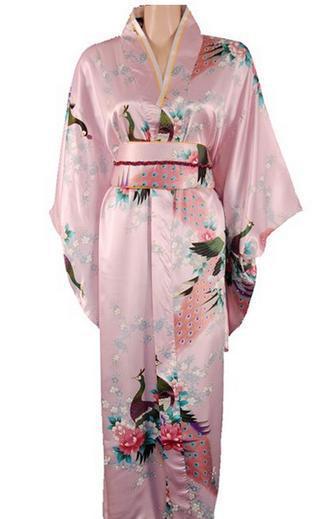 High Quality Pink Japanese Women's Silk Kimono Traditional Yukata With Obi Printed Evening Dress Novelty Costume One size H0028