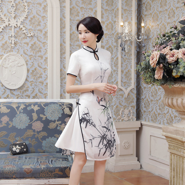 Vietnam Ao Dai Dress New Summer Sexy White Satin Chinese National QiPao Lady' s Short Sleeve Print Tight Short Dress S-2XL