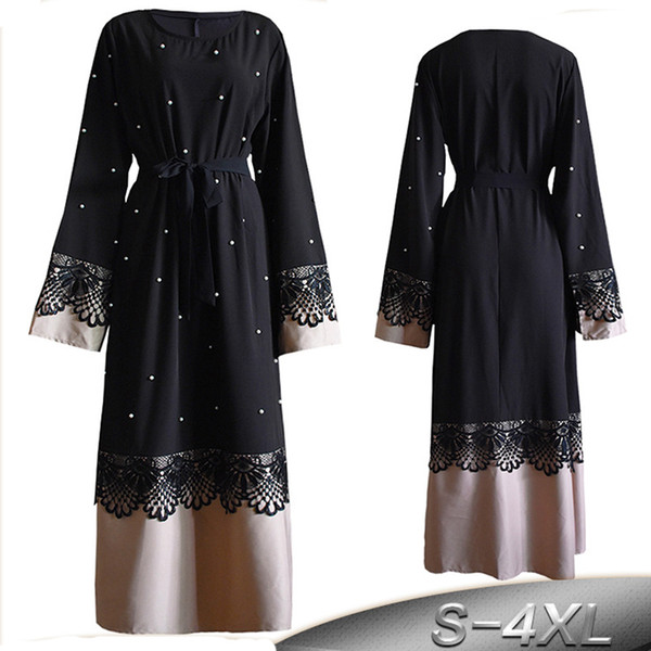 Plus Size Robe Femme 2018 Abaya Dubai Kaftan Women Bodycon Beading Lace Maxi Hijab Muslim Dress Turkish Islamic Prayer Clothing