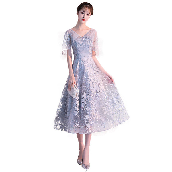 Embroidery Gray Elegant Sexy Chinese Female Cheongsam Dress Vestidos Chinos Oriental Wedding Gowns Party Dresses Size S-XXXL