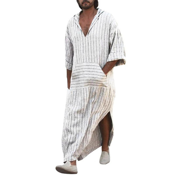 2018 Muslim Style Striped Men Robe Nature LoungeWear Kaftan Homme Robes Dress Saudi Arabia Full Length Cotton Linen Man Robe