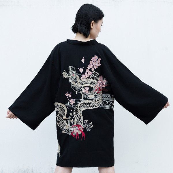 2018 summer Japan kimono vintage novelty summer Harajuku cherry dragon embroidery chiffon sun protection cardigan women clothing