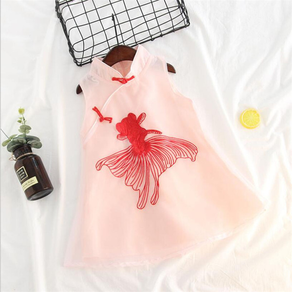 Chinese dress girls dress embroidery goldfish qipao style baby clothes 2018 summer cute sleeveless cheongsam for kids 2-8 year