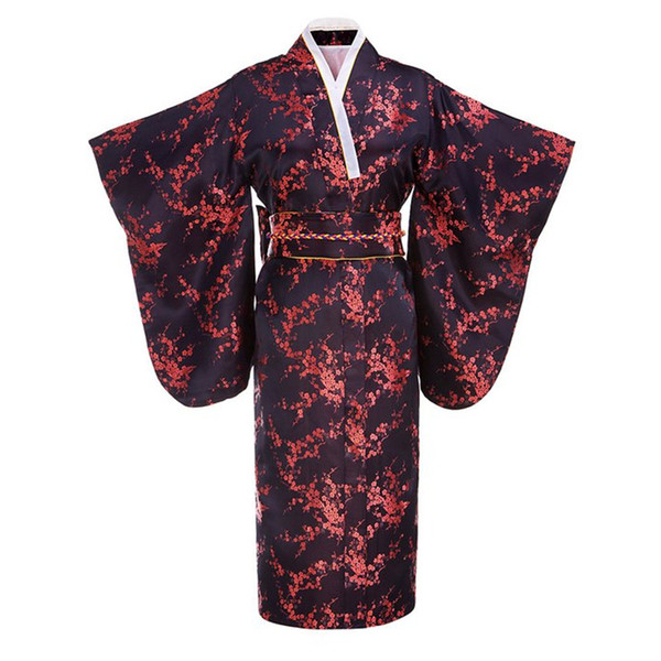 Black red Japanese Women Traditional Kimono With Obi Vintage Evening Dress Performance Dance Dress Cosplay Costume One size