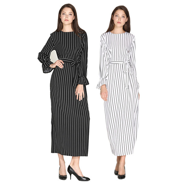 Muslim Dress New fashion Women's Striped Trumpet Sleeve Dress