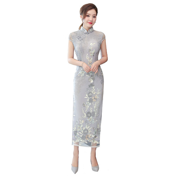 Shanghai Story 2018 New Sale Short Sleeve long Qipao Dress High Split Lace Cheongsam Dress Chinese Women's