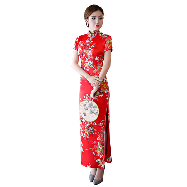 Plus Size 4XL Print Flower Cheongsam NEW Women Chinese Vintage Mandarin Collar Qipao Lady Elegant Short Sleeve Long Vestidos