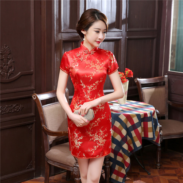 2018 New Red Chinese Women Traditional Dress Silk Satin Cheongsam Mini Sexy Qipao Flower Wedding Dress Size S M L XL XXL WC022