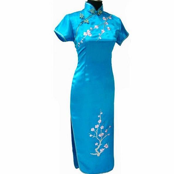 Blue Handmade Embroidery Flower Chinese Women Cheongsam Silk Satin Long Qipao Elegant Slim Dress Size S M L XL XXL XXXL WC038