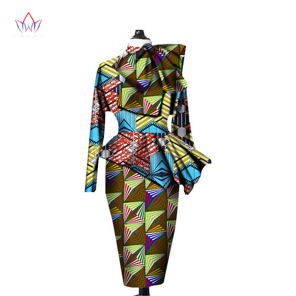 African Clothes Women Ankara Tops Two Piece Set Long Sleeve Crops Tops and Skirt Sets Women Bazin Riche African Clothing WY1394