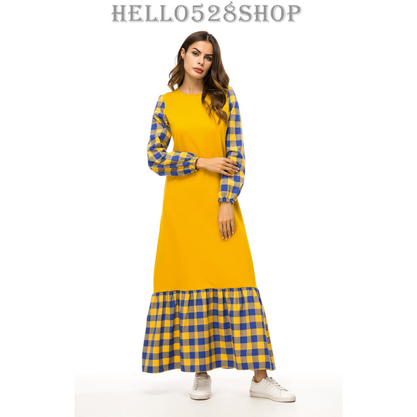 Women Kaftan Maxi Dress Plaid Slim Fit Abaya Muslims Style Gown Dresses Long Pullover Full Length Yellow