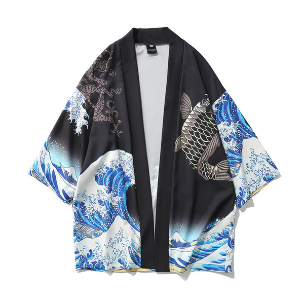 Japan Ukiyo-e Printed Robe Mens Casual Dragon Fish Wave Printed Ethnic Clothing Male Thin Half Sleeve Outerwear