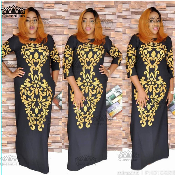 2018 Size(L-3XL) New African Dashiki Fashion Black Gold Pattern Super Elastic Party Plus Size Loose Dress For Lady