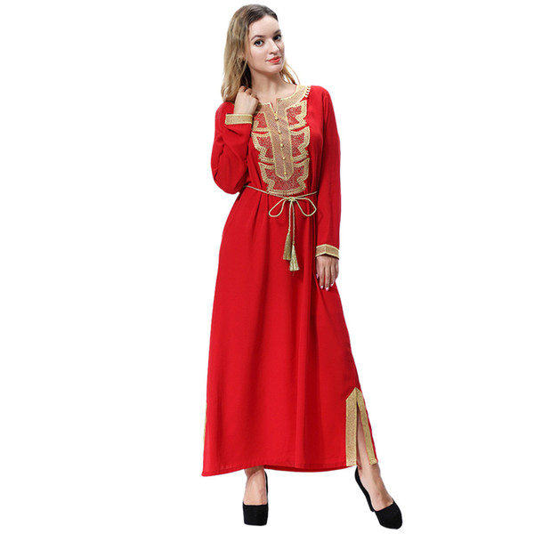 4 styles Beautiful Muslim ramadan Womens Abaya Dress Lace-up O-Neck abaya for women Long Sleeve Loose Dress Clothes F30409