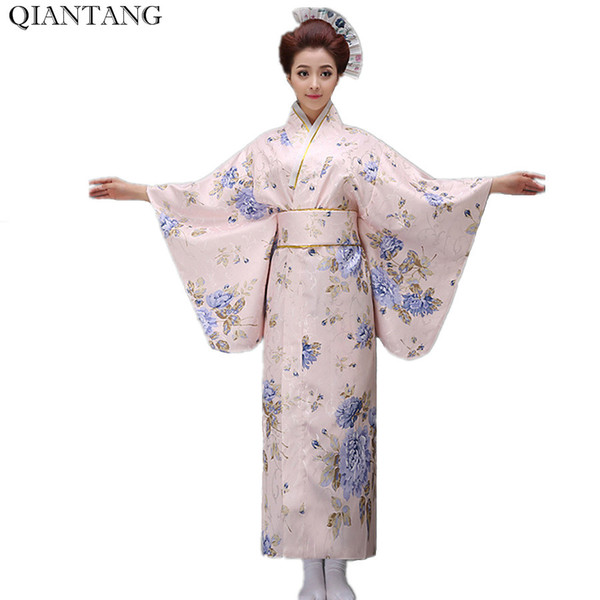 New Classic Traditional Japanese Women Yukata Kimono With Obi Stage Performance Dance Costumes One Size HW047