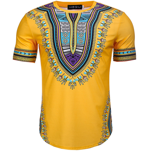 2018 Summer African Print Men Dashiki Tee Shirt Round Neck Yellow Colorful Short Sleeve pullover Festival Outfit For Adult Men