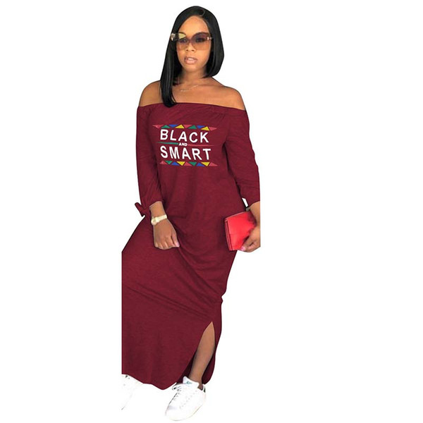 Africa Clothing Autumn Women Sexy Casual Strapless Side Split Long Sleeve Long Dress Loose Letter printing Plus Size S-XXXL