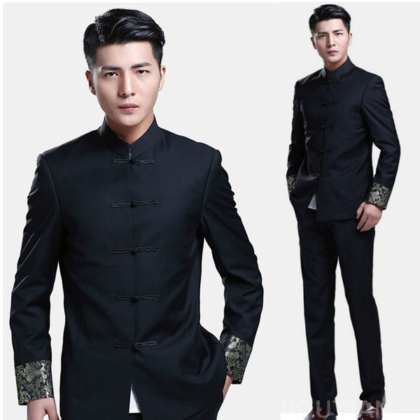 Chinese style wedding groom Tang suits male stand collar tunic Clothing slim spring autumn Chinese Traditional Zhong Shan Suit