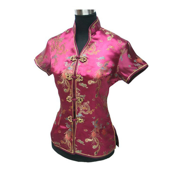 Burgundy Chinese Women Satin Rayon Tang Clothing Novelty Shirt Tops V-Neck Blouse Vintage Han Fu Top Size S M L XL XXL XXXL