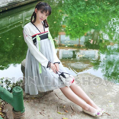 Wholesale-Chinese Tang Dynasty Ruqun Hanfu Women Lolita Long Sleeve Chiffon Dress 2pcs 2 model wear