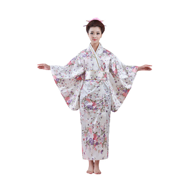 Printed Woman Lady Japanese Tradition Yukata Cosplay Costume Kimono Bath Robe Gown With Obi Flower Vintage Evening Party Dress