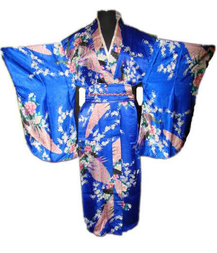 Blue Vintage Japanese Women's Kimono Satin Bath Gown Yukata Dress With Obi Clothing Peafowl One Size WK004